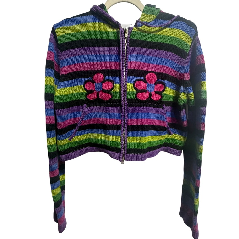 UNIF Astera Sweater Hooded Cardigan Size XL Striped Y2K Flower Indie Streetwear